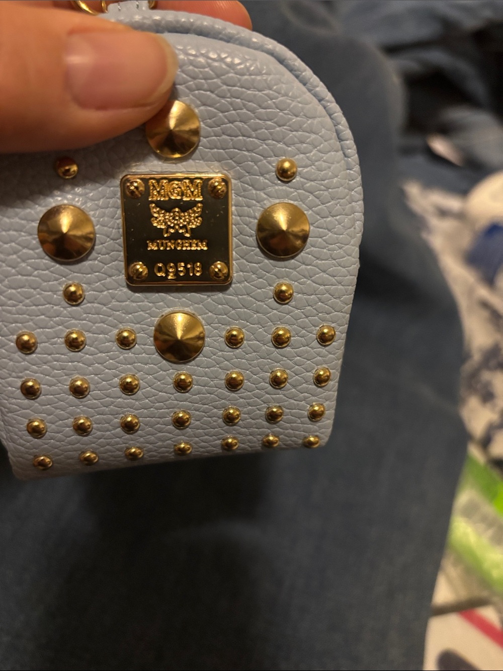 Light Blue Studded Mini Keychain Backpack Bag with Gold Hardware - Picture 2 of 11
